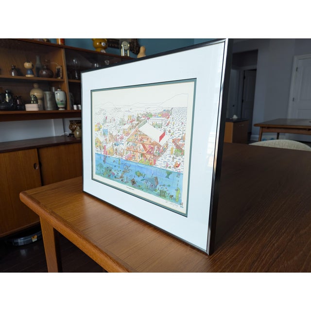 Contemporary 1987 Pencil Signed Bruce Johnson Whimsical Ice Fishing Print "The Augernauts" Framed For Sale - Image 3 of 9