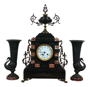1889 Antique L Marti Et Cie Reuge Marble Slate Bronze Mantel Clock Garniture Set- 3 Pieces