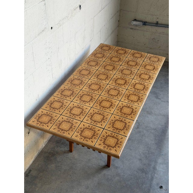 Mid-Century Modern Vintage Danish Oak Coffee Table With Patterned Ceramic Tile Top and Slatted Shelf 1970s For Sale - Image 3 of 10