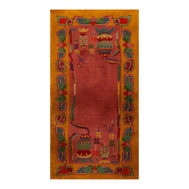 Stunning Rose Pink With Figurative and Geometric Design Antique Chinese Art Deco Rug For Sale