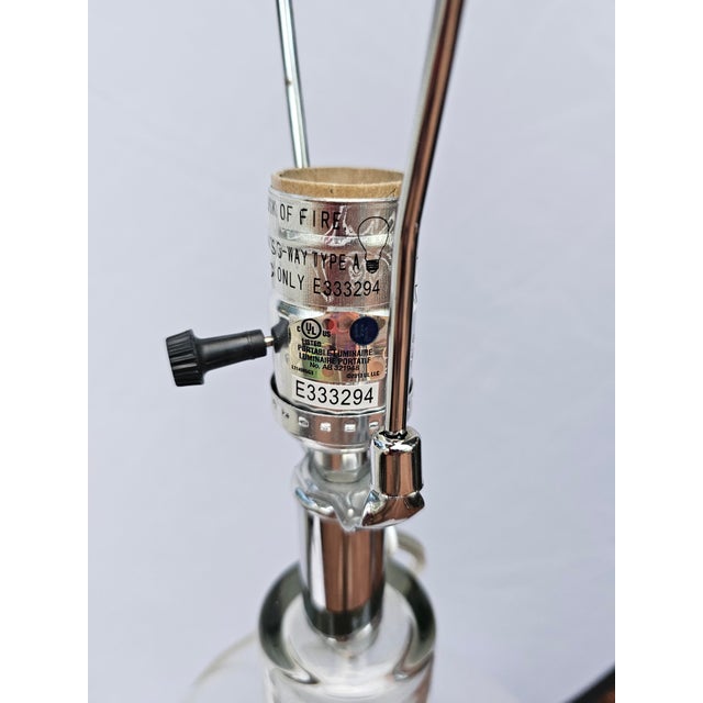 Pair of Large Clear Glass Barrel 3-Way Lamps With Woven Fabric Shades For Sale - Image 9 of 12