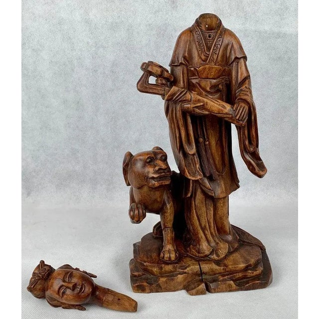Auburn Carved Teak Chinese Female Figure With Removable Head Holding a Ruyi For Sale - Image 8 of 12