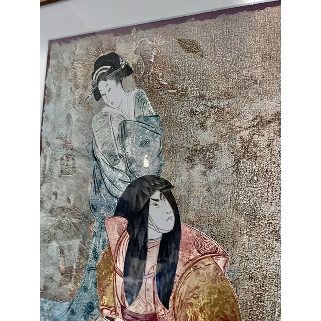 Large Framed Three Japanese figures, depicting two courtesans and a seated man holding a bowl. Vintage collograph etching...