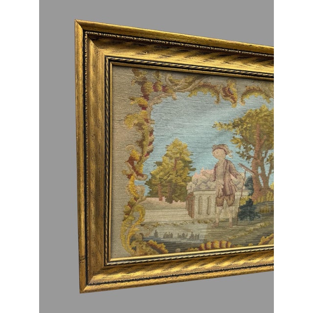 Antique Victorian Gilt Framed Scenic Landscape Needlepoint Tapestry with Boy In very nice condition showing some typical...
