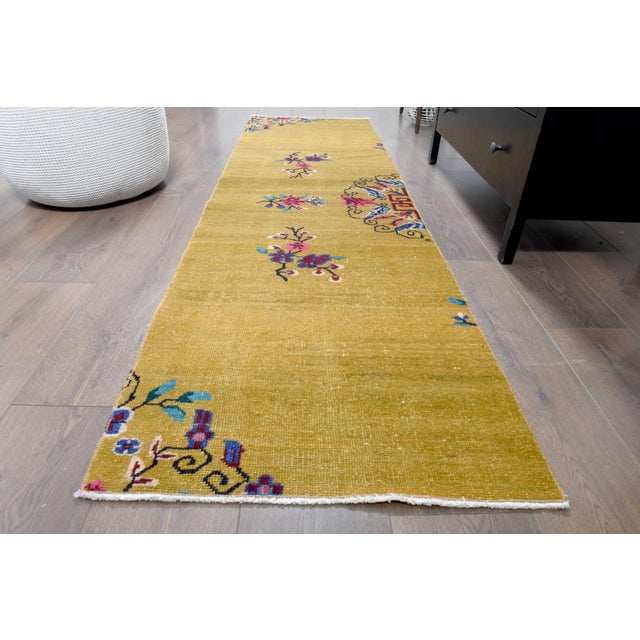 1970s 1970s Vintage Turkish Handmade Wool Cotton Yellow Runner Rug For Sale - Image 5 of 11