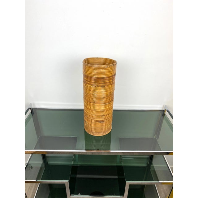 Cylindrical basket / umbrella stand in rattan, Italy, circa 1960.