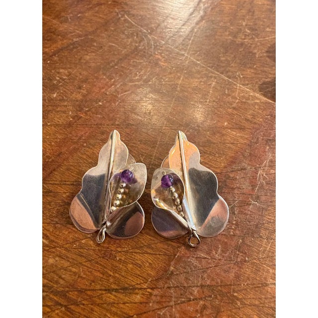 Contemporary Vintage Sterling Silver Leaf Design With Amethyst Accent Pierced Earrings, Pair For Sale - Image 3 of 3