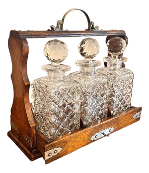 Antique Victorian Oak Tantalus, 1880, Set of 4