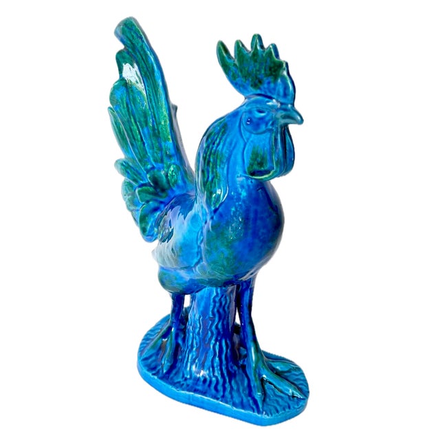 Mid-Century Modern Vintage Italian Blue & Green Ceramic Rooster Figurine For Sale - Image 3 of 9