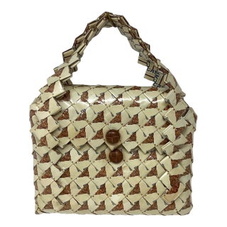 Eco-Fashion Purse Constructed of Upcycled Camel Cigarette Packages in Cellophane Wrappers W Woven Leather Button Closure For Sale
