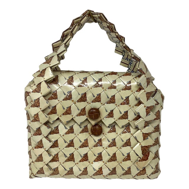 Eco-Fashion Purse Constructed of Upcycled Camel Cigarette Packages in Cellophane Wrappers W Woven Leather Button Closure For Sale