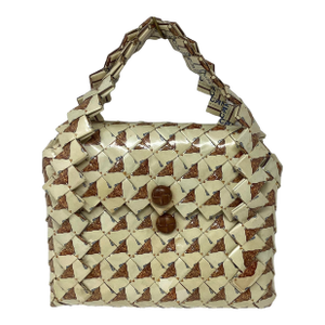 Eco-Fashion Purse Constructed of Upcycled Camel Cigarette Packages in Cellophane Wrappers W Woven Leather Button Closure