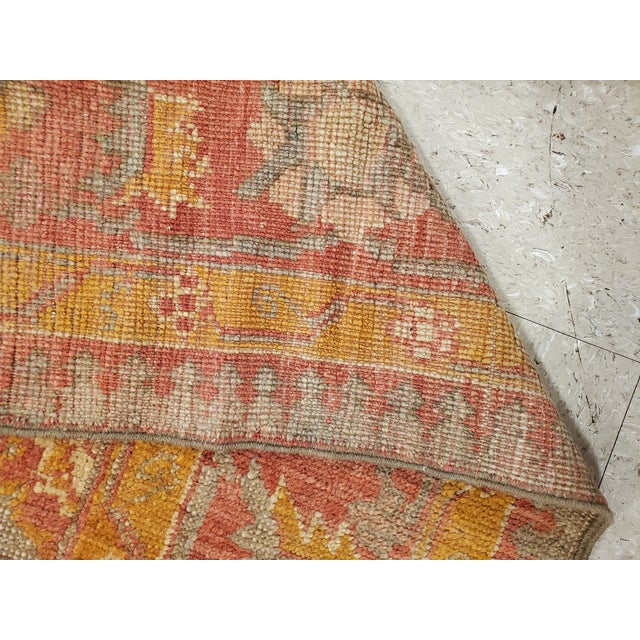 Turkish Antique Oushak Carpet, Handmade Turkish Oriental Rug, Saffron, Coral, Light Blue For Sale - Image 3 of 17