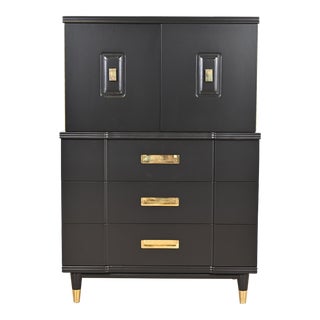 John Widdicomb Hollywood Regency Campaign Black Lacquered Gentleman's Chest, Newly Refinished For Sale