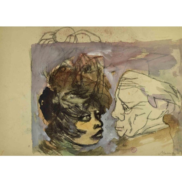 Mino Maccari, Lovers, Watercolor & Charcoal, Mid 20th Century For Sale