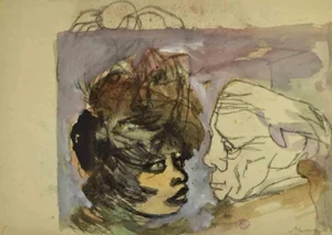Mino Maccari, Lovers, Watercolor & Charcoal, Mid 20th Century