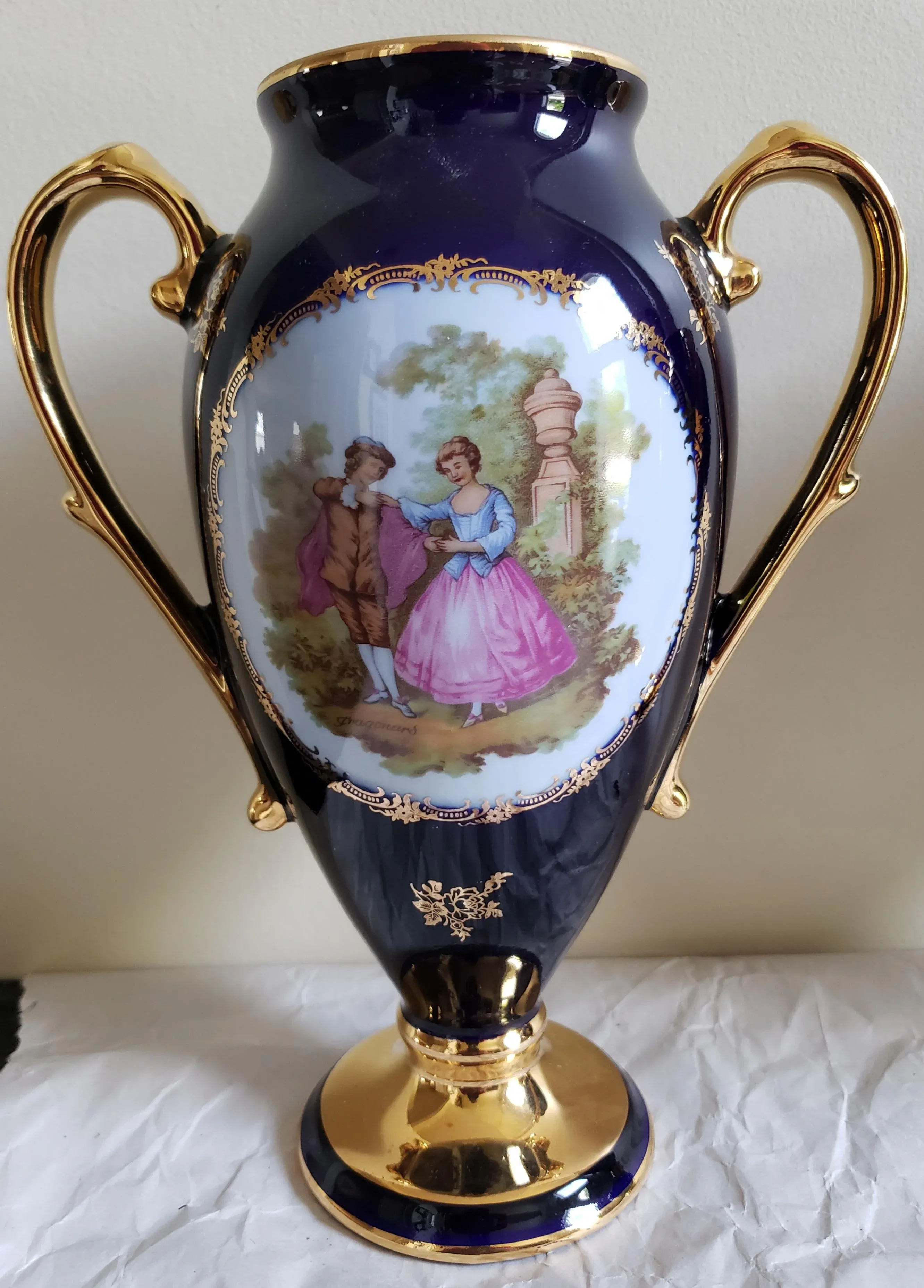 Pair of Limoges Castel 22k Gold Decorated Cobalt Porcelain Two