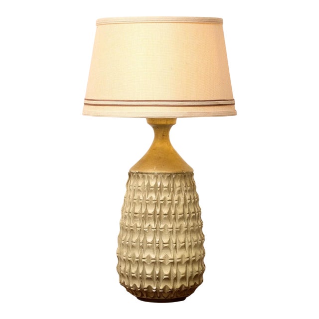 Vintage Brutalist Textured Ceramic Table Lamp With Geometric Relief For Sale
