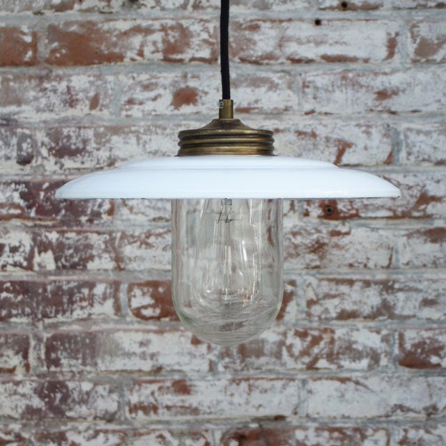 Vintage White Enamel and Clear Glass Pendant Light For Sale - Image 5 of 6