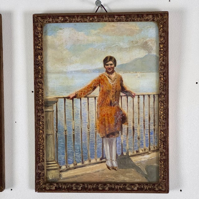 Italian Pair of Vintage Italian Hand Painted Tourist Painting Portraits of Two Women, Framed For Sale - Image 3 of 8