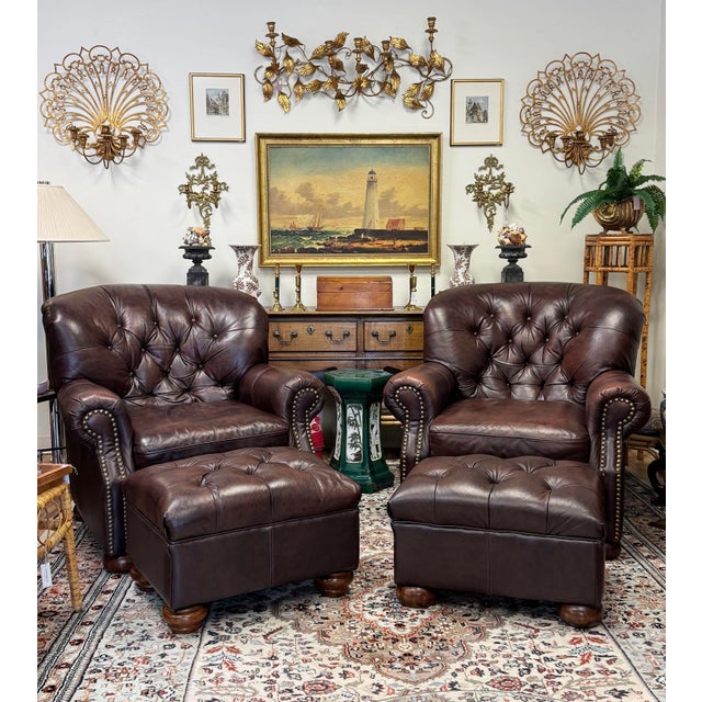 Vintage Tufted Leather Writers Chair With Ottoman For Sale - Image 18 of 18
