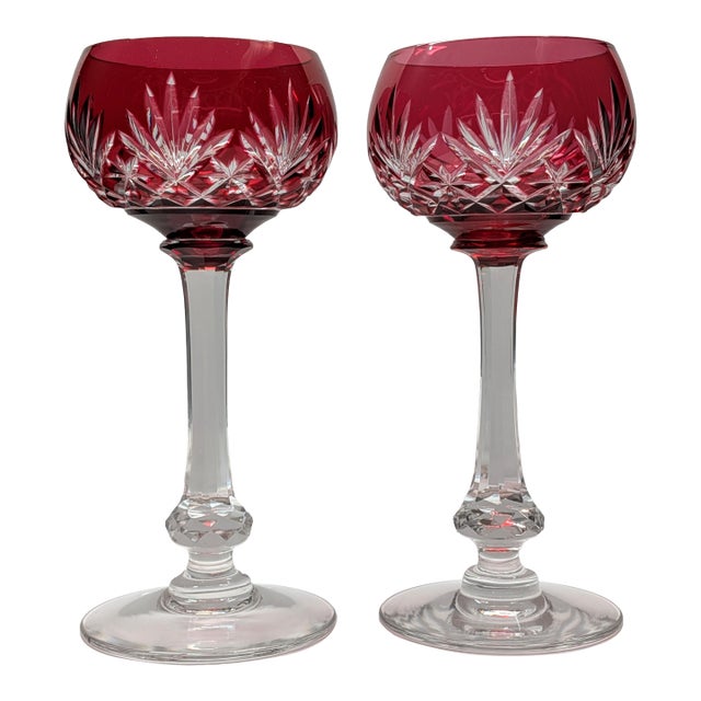 Vintage Saint-Louis Crystal Massenet Cranberry Cut to Clear Hock Wine Glasses, Pair For Sale