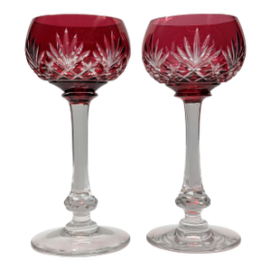 Vintage Saint-Louis Crystal Massenet Cranberry Cut to Clear Hock Wine Glasses, Pair