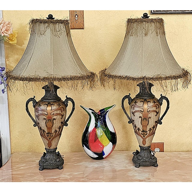 Pair of Vintage Neoclassical Urn Table Lamps With Decorative Fringe Shades For Sale - Image 14 of 18