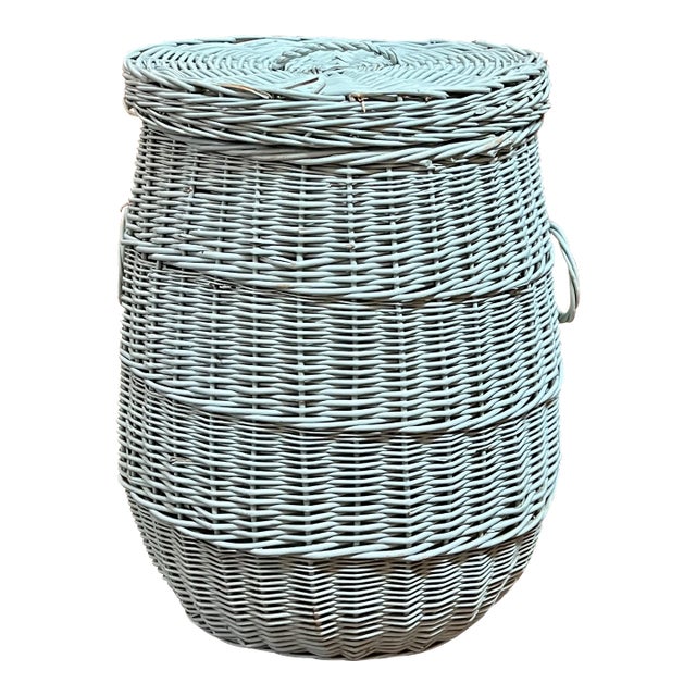 19th Century Large Wicker Basket With Lid Original Robin Egg