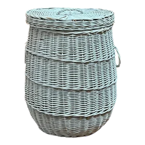 19th Century Large Wicker Basket With Lid Original Robin Egg Blue Paint