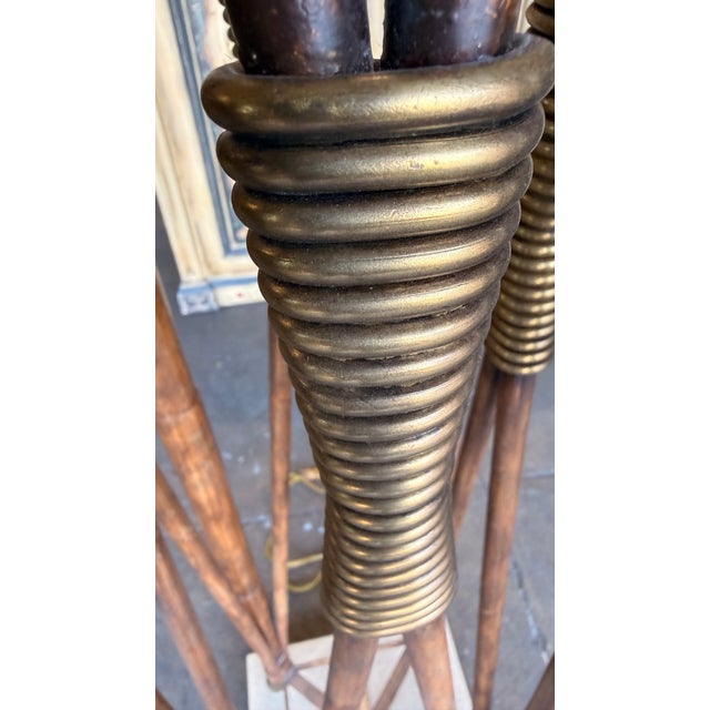 Wood Monumental Maitland-Smith Faux Bamboo Brass Rams Head Torchère Floor Lamp For Sale - Image 7 of 14