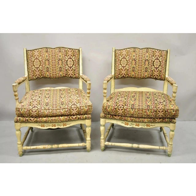 Mid 20th Century Vintage French Country Cream Distress Painted Lounge Arm Chairs & Ottoman - 3 Pieces For Sale - Image 12 of 12
