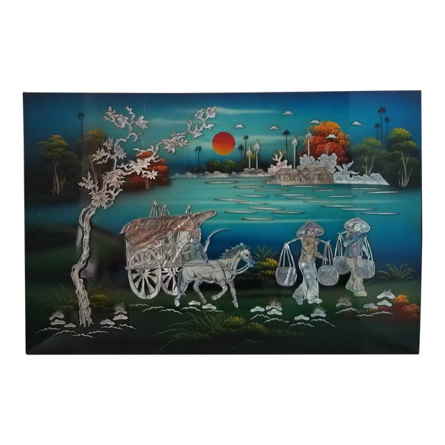 1980s Asian Black Lacquer and Mother of Pearl Signed Wood Wall Hanging. For Sale