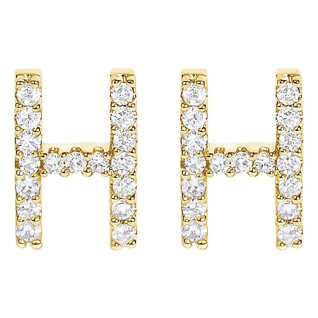 10K Yellow Gold 1/10 Cttw Diamond 'H' Initial Stud Earring For Sale