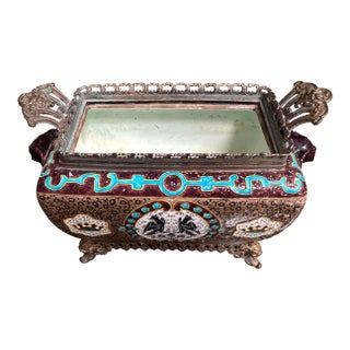 Rare Jules Vieillard & Co. 19th C. French Jardiniere Bronze/Porcelain. Enameled. Foo Dog Feet. Porcelain Elephant Handles. 13.5”x9.5”x6.75” For Sale
