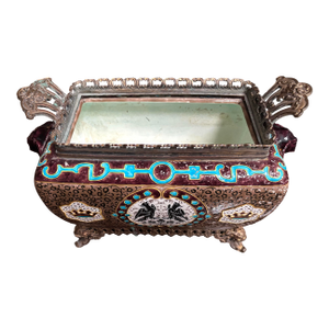 Rare Jules Vieillard & Co. 19th C. French Jardiniere Bronze/Porcelain. Enameled. Foo Dog Feet. Porcelain Elephant Handles. 13.5”x9.5”x6.75”