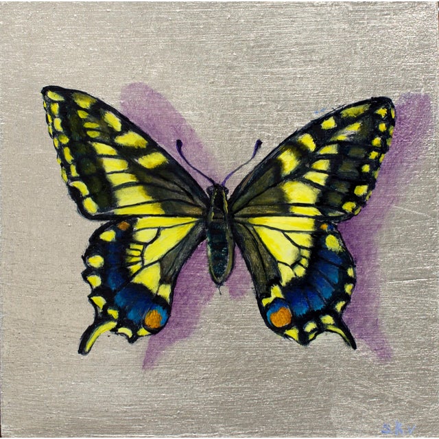 This artwork depicts a vibrantly colored swallowtail butterfly, its intricate patterns and striking yellow and blue hues...