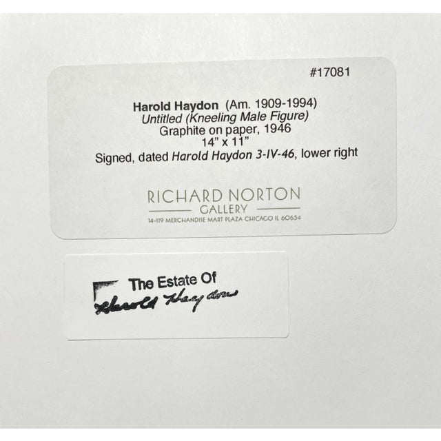 1946 Graphite on Paper, Kneeling Male Figure by Artist Harold Haydon For Sale - Image 4 of 5