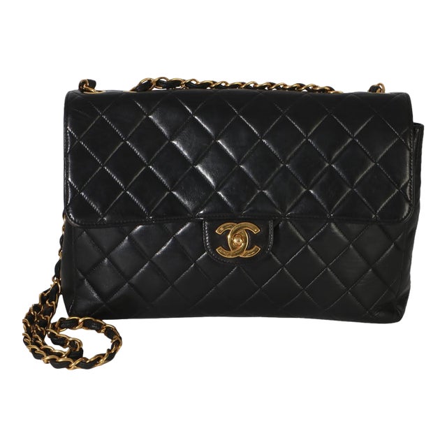 Vintage 24k Black Quilted Lambskin Jumbo XL Maxi Flap Bag For Sale