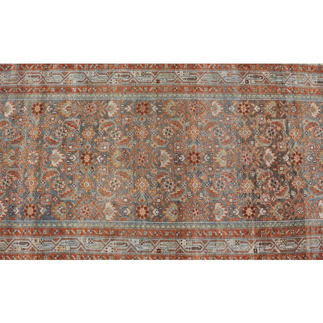 Blue Antique Persian Malayer Runner With Allover Motif's in Soft Blue Field 3'4 X17'0 For Sale - Image 8 of 12