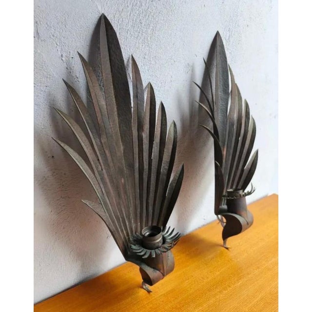 Art Deco French Palm Leaf Sconces in Hammered Copper, 1930, Set of 2 For Sale - Image 6 of 12