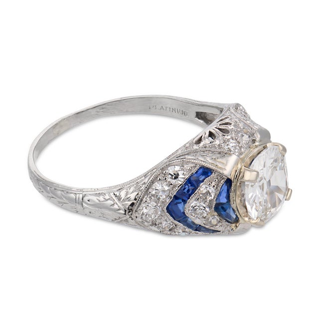 1930s 1930s Art Deco Gia 1.20 Carat Old Mine Cut Diamond Sapphire Platinum Engagement Ring, Size 8.5 For Sale - Image 5 of 8