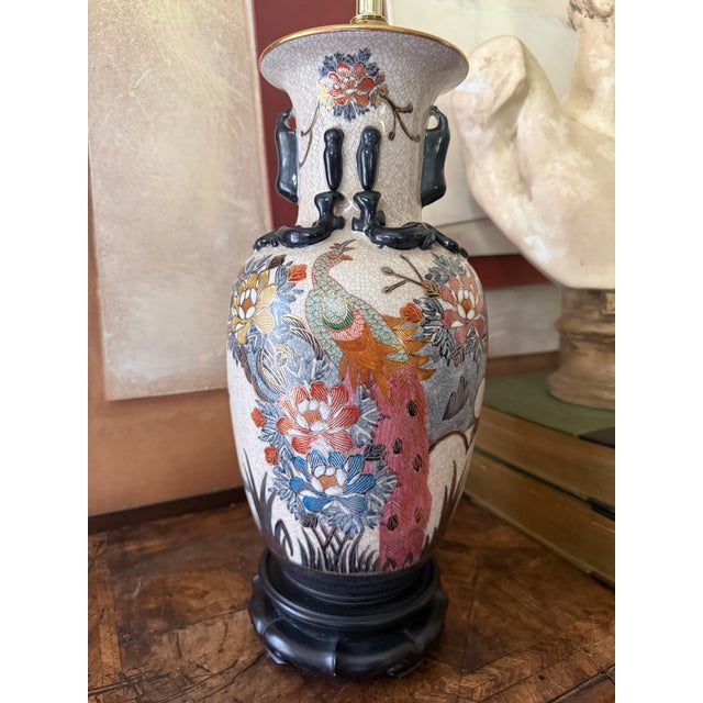 Vintage Asian Peacock Crackle Glaze Table Lamp For Sale - Image 12 of 12