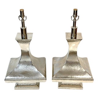 Late 20th Century Monumental Hand-Hammered Silver-Plated Modernist Table Lamps - a Pair For Sale