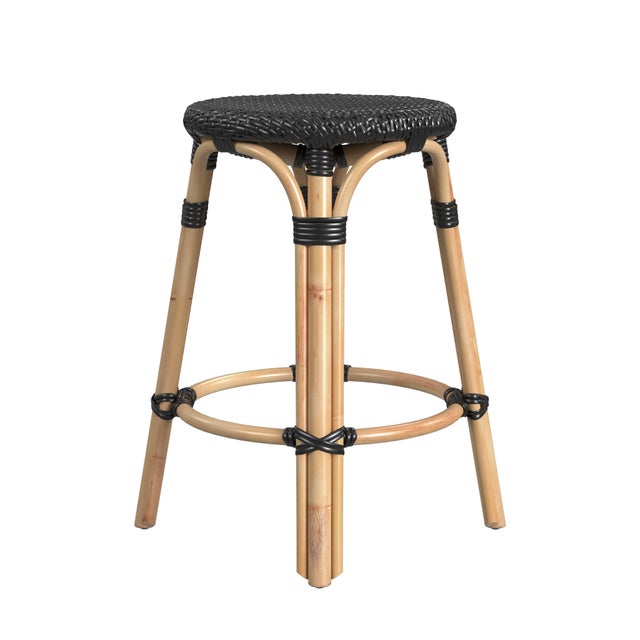 2020s Tobias 24 in. Seat Height Round Rattan Backless Counter Stool, Black/ Natural Rattan Frame For Sale - Image 5 of 7