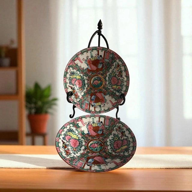 Late 20th Century Chinese Porcelain Rose Medallion Shallow Bowls - Set of 2 For Sale - Image 10 of 10