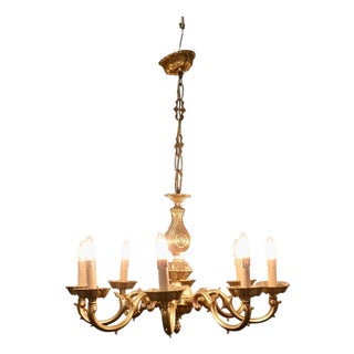 Large French Gothic Style Gilded Brass Chandelier, 1980s For Sale