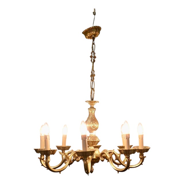 Large French Gothic Style Gilded Brass Chandelier, 1980s For Sale