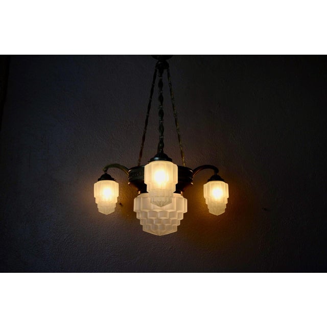 Art Deco Brass and Frosted Pressed Glass Chandelier, 1920s For Sale - Image 6 of 18