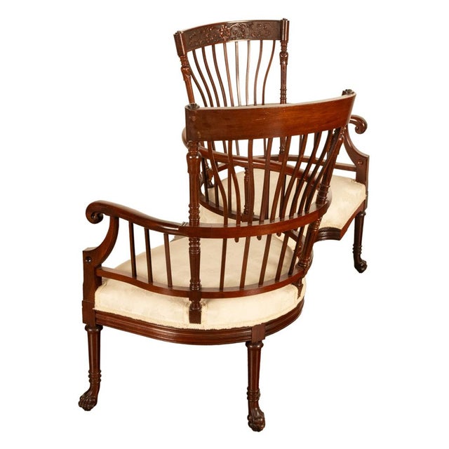 Late 19th Century Antique American Carved Mahogany Conversation Sofa Chair Loveseat Tête-À-Tête, Circa For Sale - Image 5 of 17